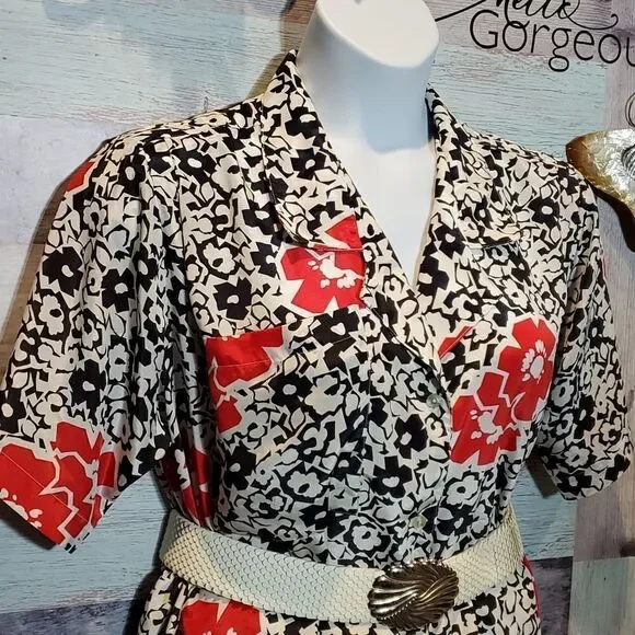 Oscar de la Renta Sz 12 Vintage Black White Red Floral Nerdy Blouse GrannyCore - Picture 3 of 8